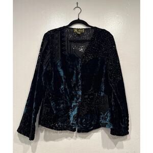 Mirasol Velvet Burnout Blouse Women’s Black Green Button Front Whimsigoth Top